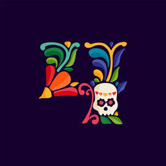 4 logo. Number four with Mexican colorful and ornate ethnic pattern. Traditional Aztec leaves and flowers embroidery ornament.