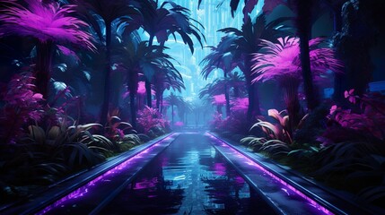 Fototapeta premium futuristic fantasy forest with purple, cyan, blue and pink trees, surreal palm park, generative AI