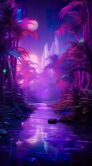 Fototapeta na wymiar futuristic fantasy forest with purple, cyan, blue and pink trees, surreal palm park, generative AI