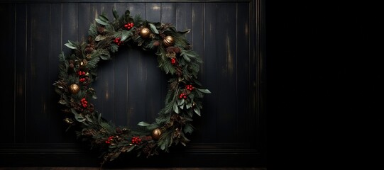 Generative AI, Close up Christmas wreath, dried branches, red berries, pine, balls and flowers on dark moody floral textured background.