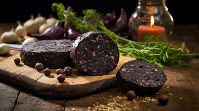 slices of black pudding on a board with herbs and spices
