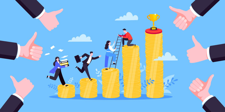 Business mentor helps improve career and money stacks growing. He holds stairs steps vector illustration. Mentorship, upskills, climb help self development strategy flat style design business concept.