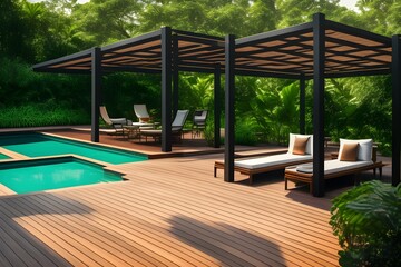 Lavish outside garden with swimming pool, Generative AI Illustration
