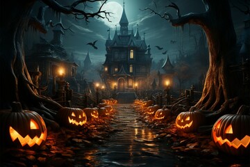 Fototapeta na wymiar Spooky route, Hillside house, pumpkin-lit path, cemetery illustrated Halloween ambiance Generative AI