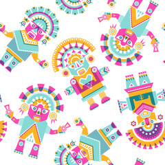Risograph style Inca ceremonial sculptures. Seamless background pattern