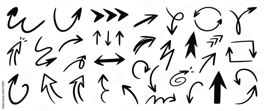 Poster set of arrows doodle element vector. hand drawn doodle style collection of different arrows, pointer