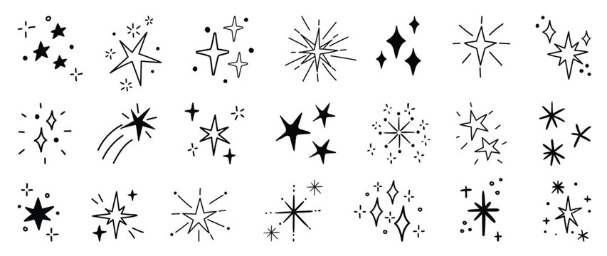 Set of cute sparkle doodle element vector. Hand drawn doodle style collection of different sparkle, firework, stars. Illustration design for print, cartoon, card, decoration, sticker, icon.