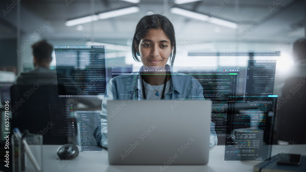 Fototapete Young Indian Female Software Developer Working in Technological Start-Up Office. South Asian Specialist Programming Monitoring Solutions. VFX Hologram Edit Visualizing Coding Interface, Opened Windows