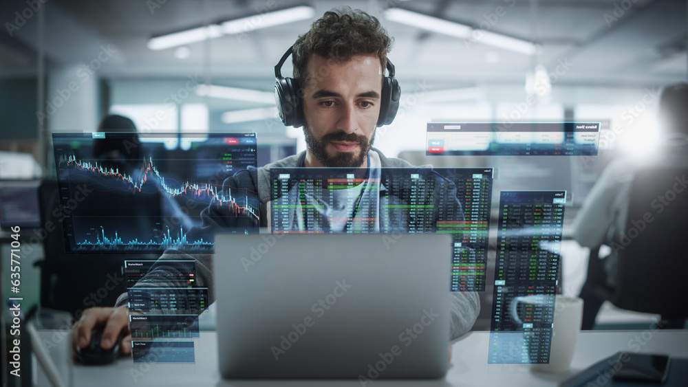 Aufkleber Young Hispanic Male Stock Trader Working in Investment Management Firm. Latin Specialist Puts Buy And Sell Orders. VFX Hologram Edit Visualizing Stock Exchange Interface, Opened Charts With Price