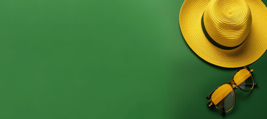 top view of yellow straw fedora hat and sunglasses on green background, copy space banner, summer vacation