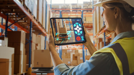 Future Technology Concept: Female Worker Holding Tablet With AR Remote Control Application For...