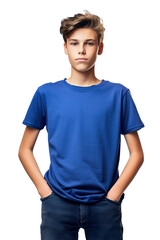 Blue t-shirt mockup for teens and young adults,male teen model wearing blank tshirt with space for...