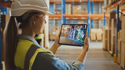 Futuristic Technology Warehouse Concept: Female Worker Doing Inventory, Using Augmented Reality Application On Tablet. Woman Analyzes Digitalized Products Delivery Infographics in Distribution Center. - obrazy, fototapety, plakaty