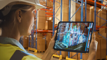Futuristic Technology Warehouse: Female Worker Doing Inventory, Using Augmented Reality Application On Tablet. Woman Analyzes Digitalized Products Delivery Infographics in Distribution Center.