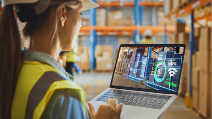 Futuristic Technology Warehouse: Female Worker Doing Inventory, Using Augmented Reality Program On...