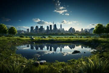 Naklejka premium Surreal harmony Grass field juxtaposed with city background in 3D rendered composition Generative AI
