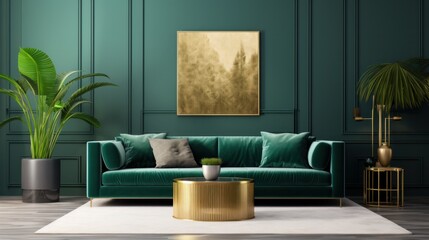 Luxury living room in house with modern interior design, green velvet sofa, coffee table, pouf, gold decoration, plant, lamp, carpet, mock up poster frame and elegant accessories. generative ai