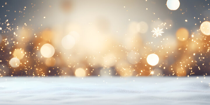 Abstract background Christmas lights in winter landscape with snow, lights bokeh blurred background, AI generate