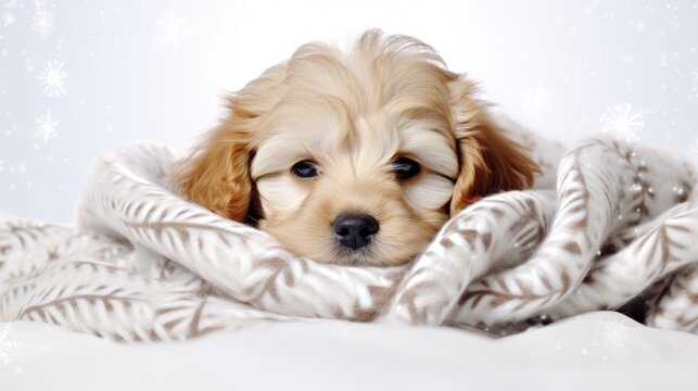A puppy is wrapped up in a blanket. Digital image. Pets, winter clipart.