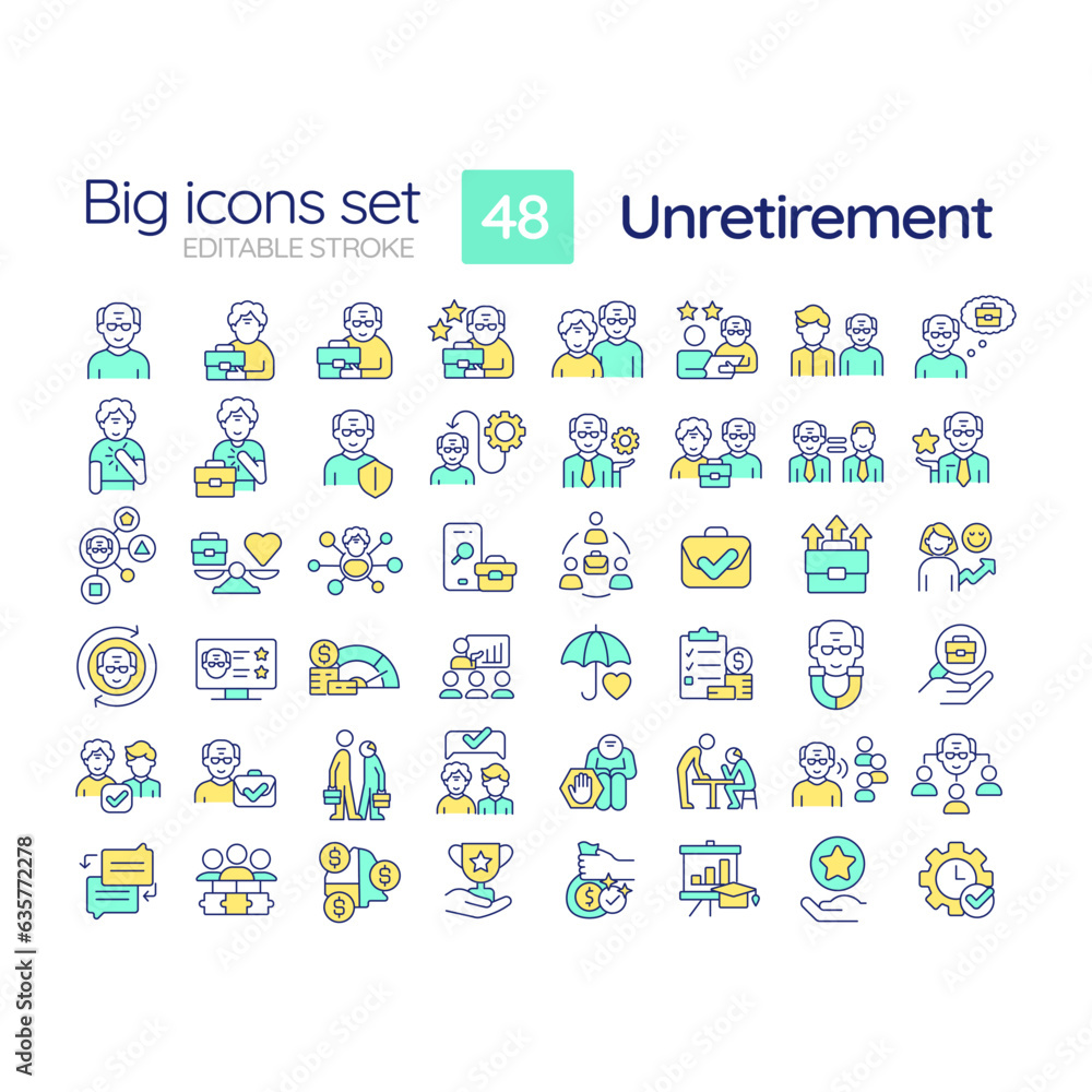 Poster 2d editable multicolor big line icons set representing unretirement, isolated vector, linear illustr