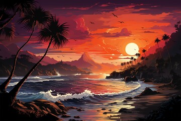 Tropical twilight, Oceans edge palms, distant yacht sunsets beauty depicted through vectors Generative AI