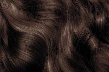 Brown hair close-up as a background. Women's long brown hair. Beautifully styled wavy shiny curls....