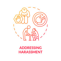 2D gradient addressing harassment thin line icon concept, isolated vector, red illustration representing unretirement.