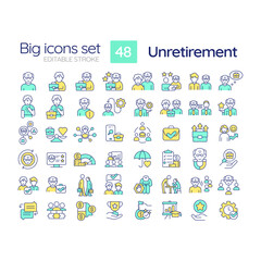2D editable multicolor big line icons set representing unretirement, isolated vector, linear illustration.