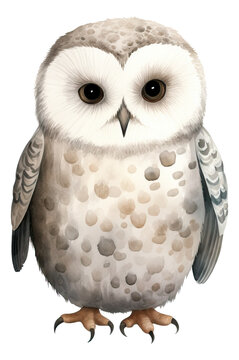 Cute owl cartoon character, Hand drawn watercolor isolated.