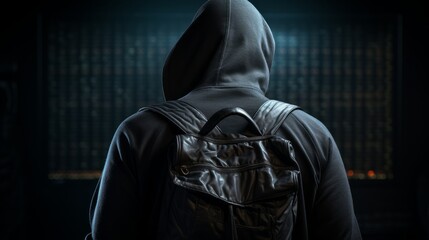 Back view of thief wearing black hoodie. Generative AI technology.