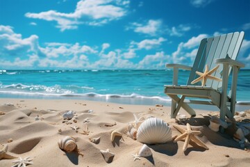 Fototapeta na wymiar Vacation dreamscape 3D beach elements against blue sky background create tropical allure Generative AI