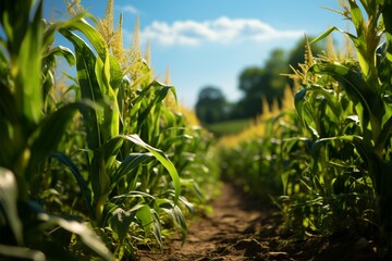 Vibrant corn rows adorn secluded agricultural field, a sea of green sprouts Generative AI