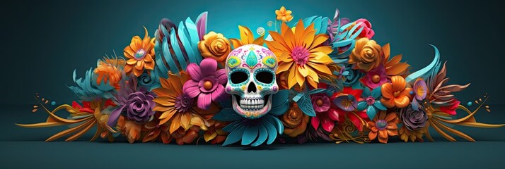 Feast of Dia de los Muertos, attributes and traditions. Banner. With Generative AI technology - obrazy, fototapety, plakaty