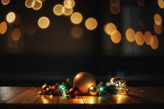 New Year celebration, table with a christmas tree and decorations gifts on it and bokeh starry lights blurred indoor background. Image created using artificial intelligence.