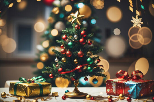 New Year celebration, table with a christmas tree and decorations gifts on it and bokeh starry lights blurred indoor background. Image created using artificial intelligence.