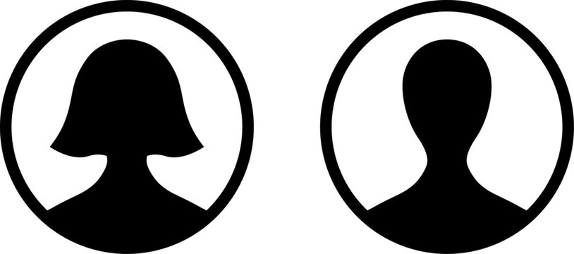 Generic Anonymous Social Media Web User Account Female Woman and Male Man Profile Avatar Round Grayscale Symbol Icon Set. Vector Image.