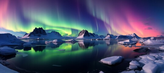 North lights aurora arctic landscape night background. Generative AI technology.