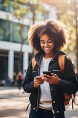 Happy African Black teen girl college generation z student with backpack looking at smartphone using mobile cell phone modern tech device standing in university campus. generative AI - obrazy, fototapety, plakaty