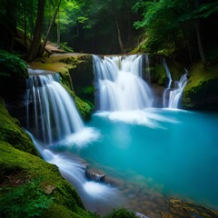 Blue hole waterfall in forest. AI generated