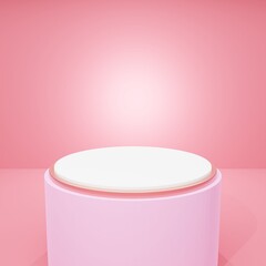 White Circle Podium on pink Background and spotlight, Studio Copy Space, 3d rendering illustration.