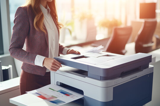 Office worker print paper on multifunction laser printer. Document and paperwork. Secretary work. Woman working in business office. Copy, print, scan, and fax machine. Print technology.
