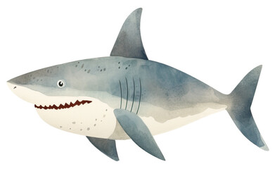 Cute shark cartoon character, Hand drawn watercolor isolated.
