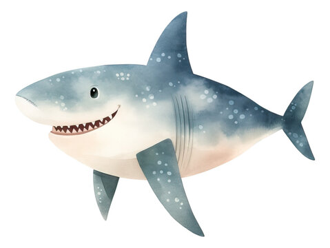 recommend clip art: Cute shark cartoon character, Hand drawn watercolor isolated.