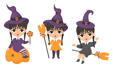 Halloween. Collection cute gothic witches with braids in witch hat with spider and broom, with pumpkin and lollipop candy. Vector illustration. Isolated characters in cartoon style. kids collection.