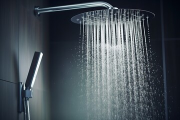 Refreshing shower with water splash Water flowing from shower head and faucet in modern bathroom - obrazy, fototapety, plakaty