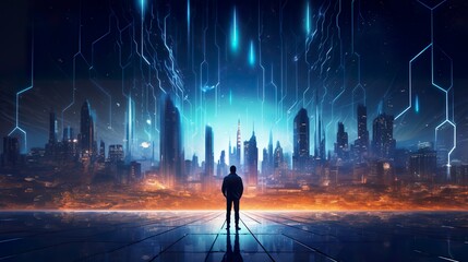 man standing on big futuristic cyberpunk city background, silhouette, generative AI