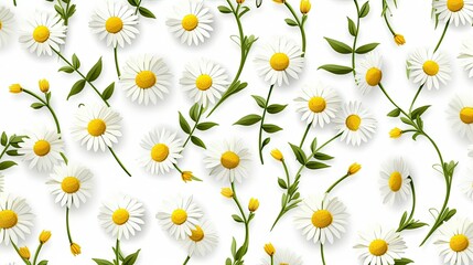 Seamless pattern  of Chamomile daisy flower pattern on white background. Summer flower texture background, ai generative