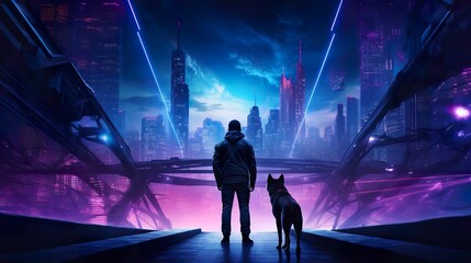 man with dog friend in big dark cyberpunk city, blue and purple, generative AI
