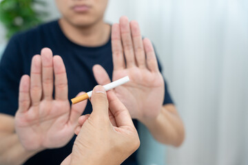 No smoking. Man stop smoke, refuse, reject, break take cigarette, say no. quit smoking for health....
