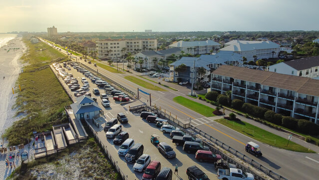 Aerial 98 Scenic Gulf Drive, Regional Access to Miramar Beach, full public parking, white sandy shoreline near multiple story condominium, apartment, vacation rental neighborhood